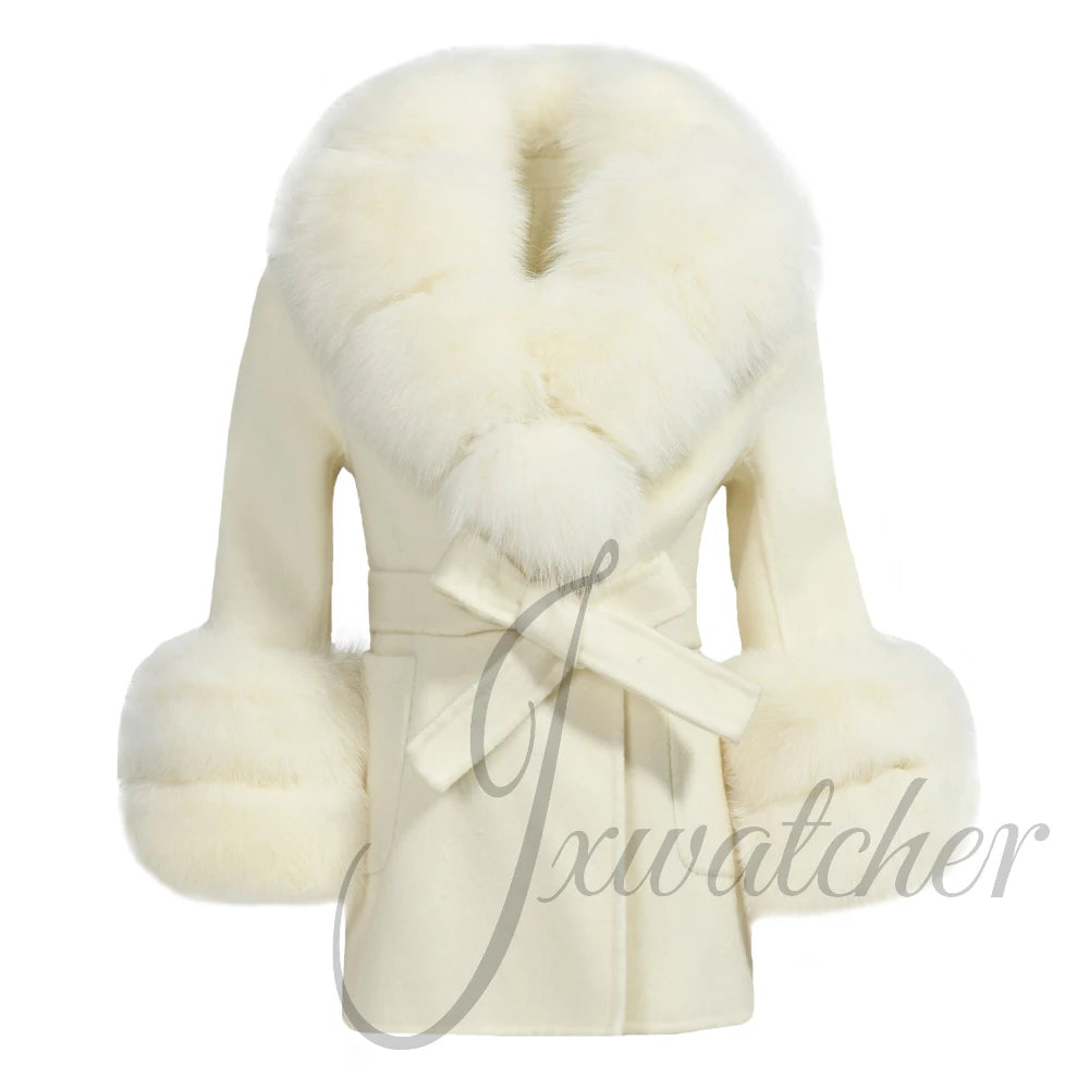 Jxwatcher Girls' Cashmere Wool Winter Coat with Luxurious Real Fox Fur Collar-Mid-Length Fashion Overcoat for Autumn & Casual Wear.