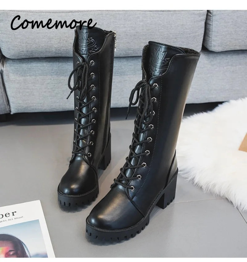 Comemore 2022 New Winter Mid-calf  Motorcycle Women's Short Boot Gothic Square Heel.