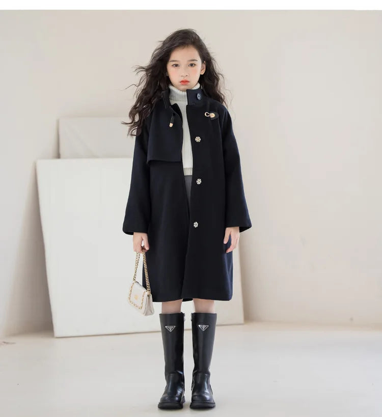 Girls' Elegant Black Mid-length Double-Face Tweed Overcoat-Stylish Winter Wool Outerwear for Ages 10-14.