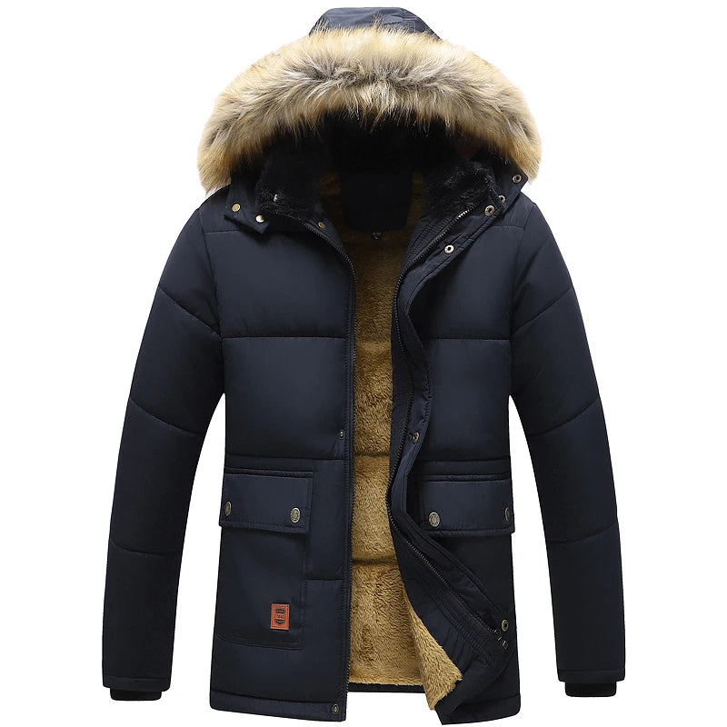 CHAIFENKO Men 2024 Winter New Windproof Fleece Warm Thick Jacket Parkas Coat Men Fashion Hooded Fur Collar Jacket Classic Casual Parka Men