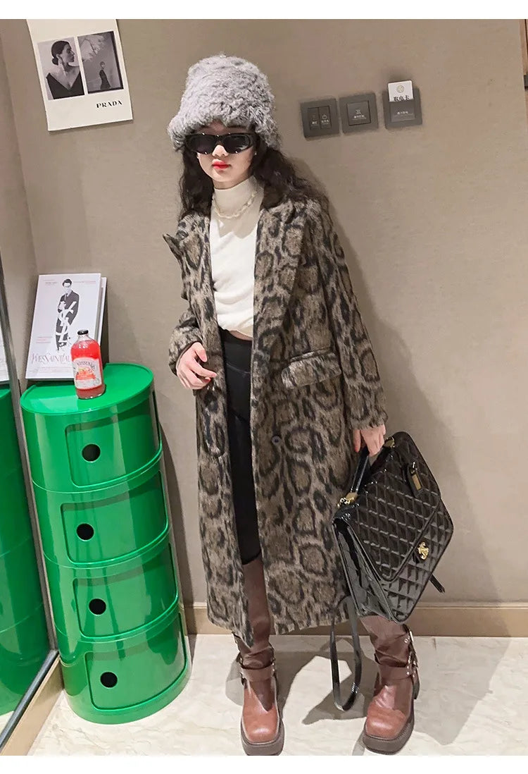 Macamp Teenage Girls' Chic Leopard Print Tweed Coat-Cozy & Stylish Long Outerwear for Autumn/Winter 2023