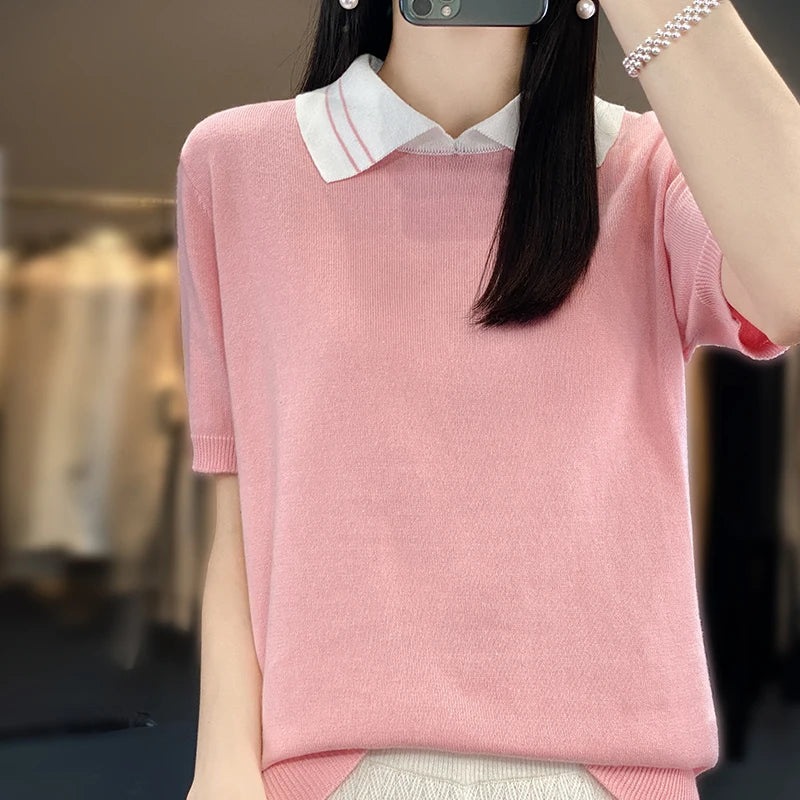 New 100% Pure Cotton Knit Casual Doll collar Pullover Short Women's T-shirt Summer sleeved POLO Neck Loose Fashion Top T-shirt