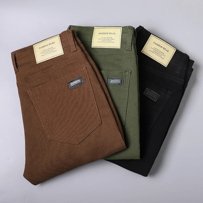 Autumn New Men's Slim Stretch Jeans Fashionable and Versatile Soft Fabric Denim Pants Army Green Coffee Male Brand Trousers