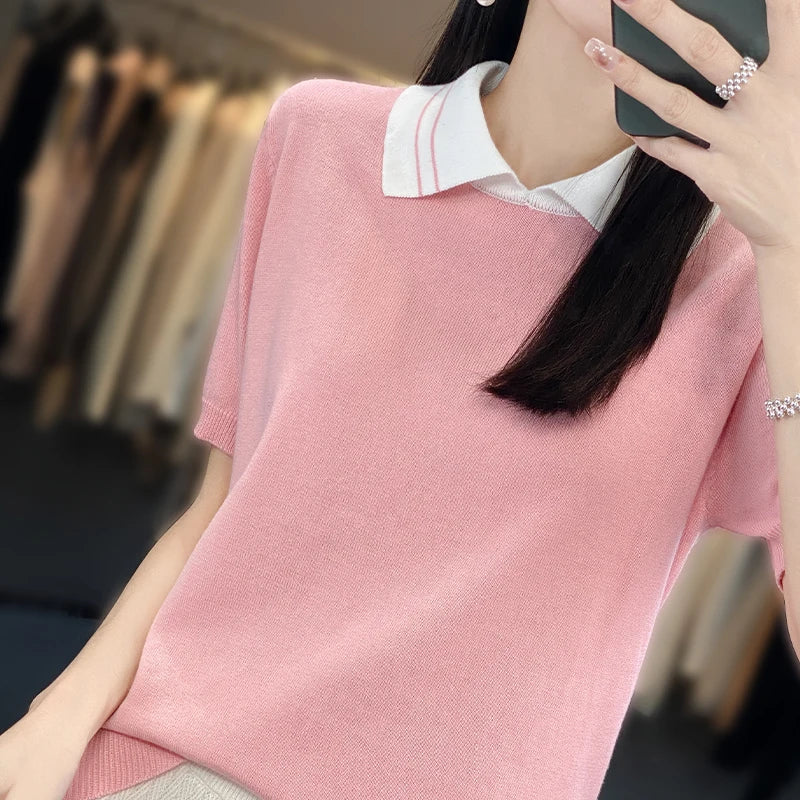 New 100% Pure Cotton Knit Casual Doll collar Pullover Short Women's T-shirt Summer sleeved POLO Neck Loose Fashion Top T-shirt