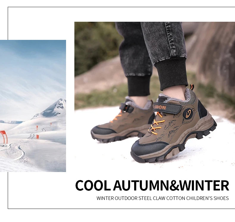 BOELOKTH Stylish Winter Boy Boots-Non-Slip Plush Sneakers for Kids / Cozy Snow & Hiking Shoes for Outdoor Adventures.