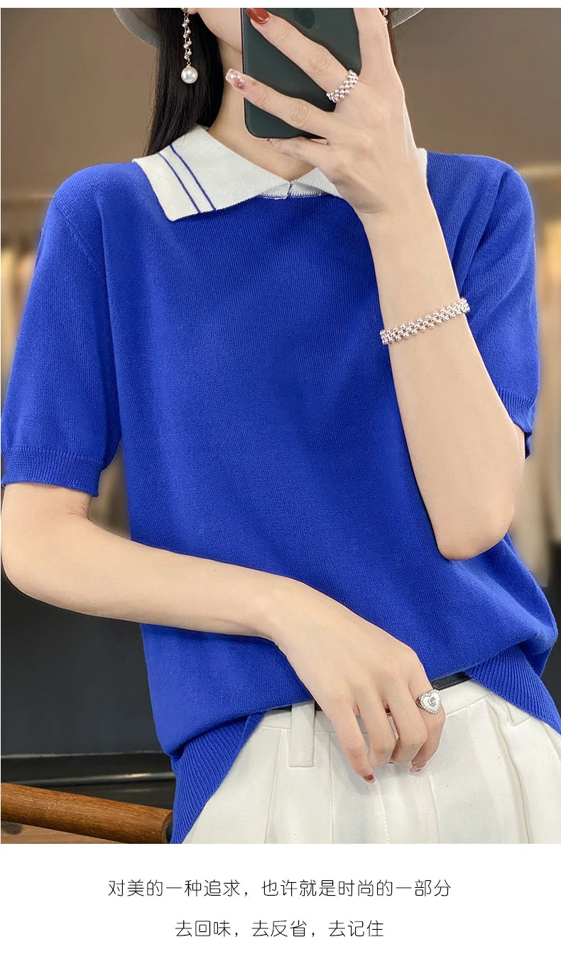 New 100% Pure Cotton Knit Casual Doll collar Pullover Short Women's T-shirt Summer sleeved POLO Neck Loose Fashion Top T-shirt