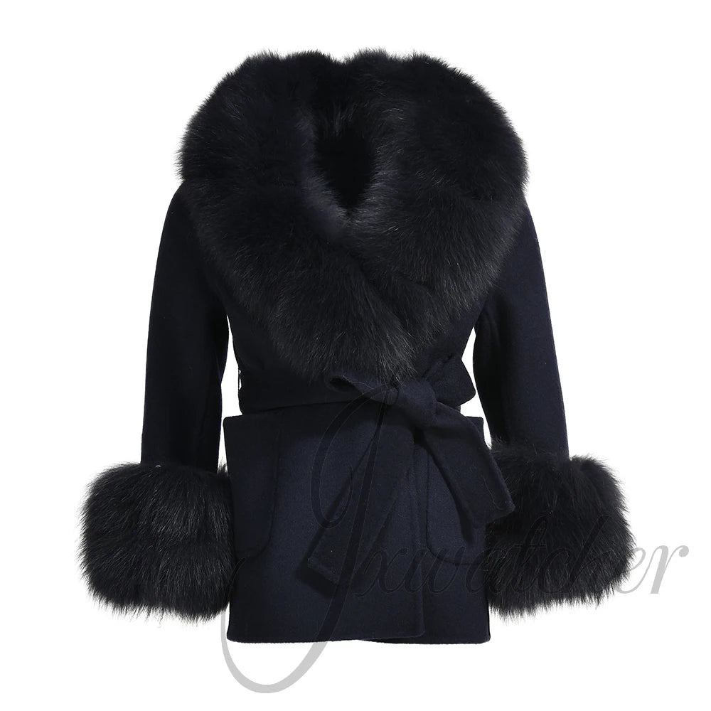 Jxwatcher Girls' Cashmere Wool Winter Coat with Luxurious Real Fox Fur Collar-Mid-Length Fashion Overcoat for Autumn & Casual Wear.