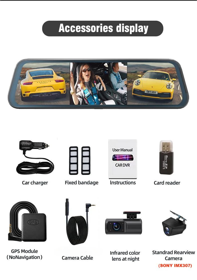 Aprilboy 10‘’ 3 Cameras 2.5K Mirro car Dash Cam Rearview Mirror Infrared Night vision loop recording Streaming media WIFI dvrcar