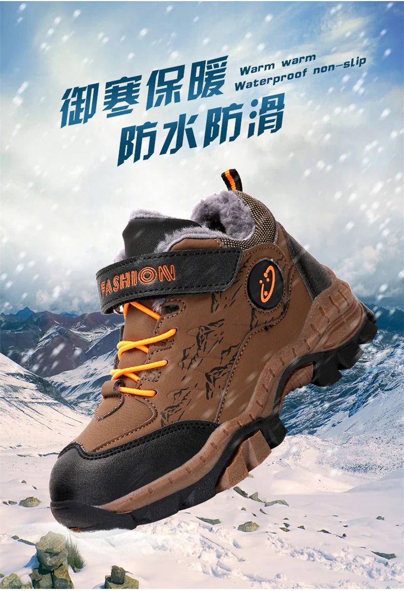 CINESSD Stylish Winter Camp Boys Mountain Climbing Shoes-Durable Hook & Loop Sports Sneakers for Adventurous Kids.