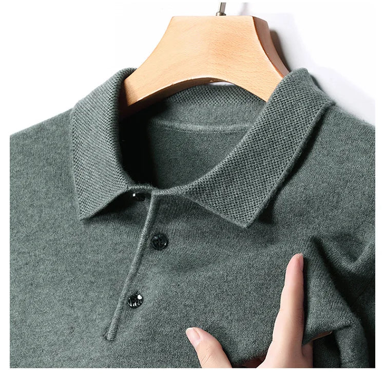 Autumn and Winter New Men's 100 Pure Wool Sweater Lapel Pullover T-shirt Polo Collar Wool Knitted Long Sleeve Fashion Sweater