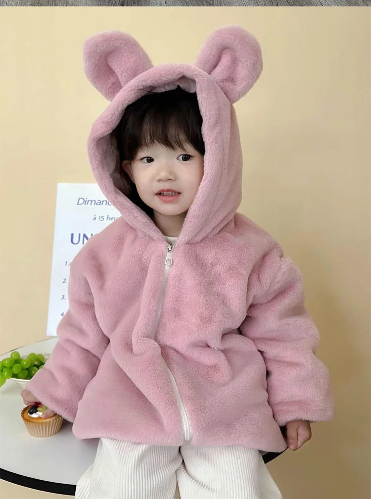 Cute Big Ear Plush Hooded Baby Jacket-Warm Faux Fur Coat for Girls ( Ages 1-5 )-Perfect Autumn & Winter Outerwear.