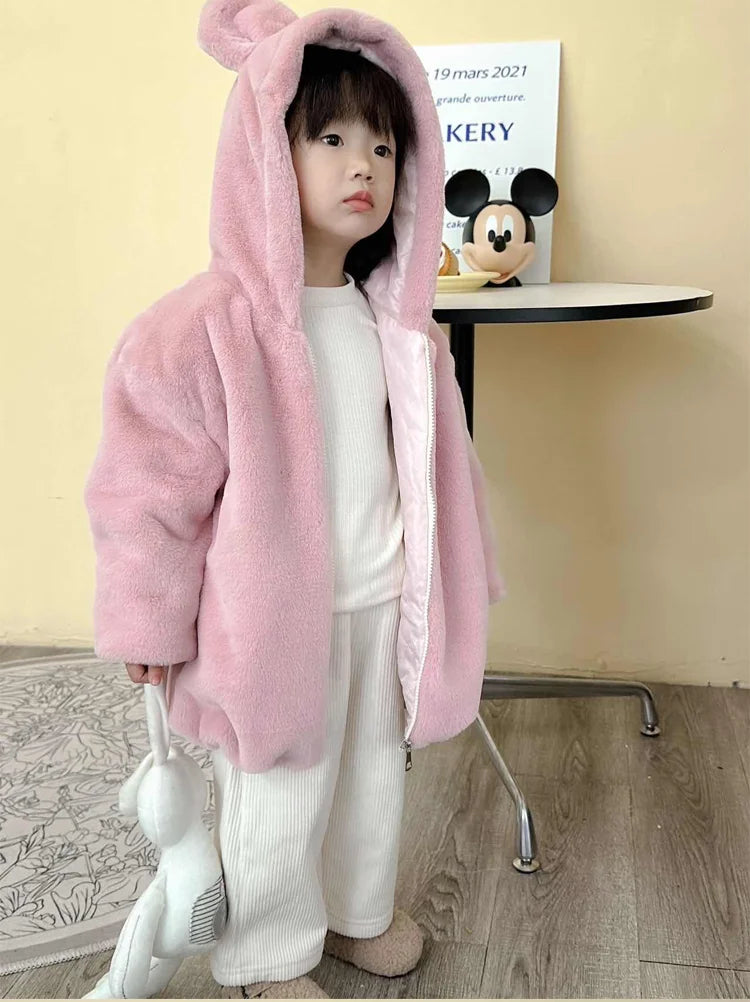 Cute Big Ear Plush Hooded Baby Jacket-Warm Faux Fur Coat for Girls ( Ages 1-5 )-Perfect Autumn & Winter Outerwear.