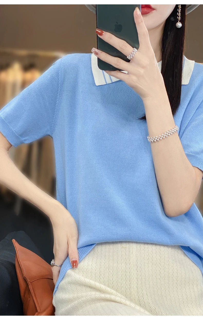 New 100% Pure Cotton Knit Casual Doll collar Pullover Short Women's T-shirt Summer sleeved POLO Neck Loose Fashion Top T-shirt