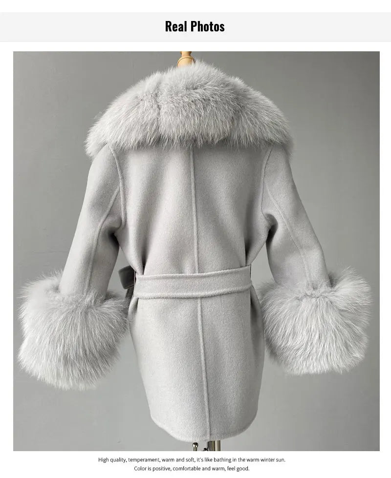 Jxwatcher Girls' Cashmere Wool Winter Coat with Luxurious Real Fox Fur Collar-Mid-Length Fashion Overcoat for Autumn & Casual Wear.