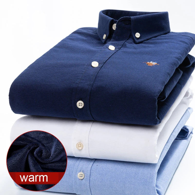 Warm 100% Cotton Men's Shirts Plus Size 8XL Long Sleeve for Office Polo Soft Striped Top with Plush Thickening for Winter