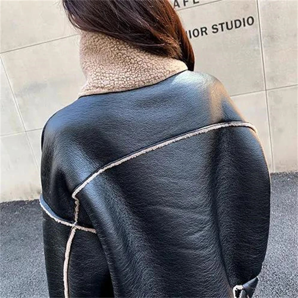 Black Faux Lamb Leather Jacket with Belt for Women Streetwear Moto Biker Short Coat for Autumn Winter