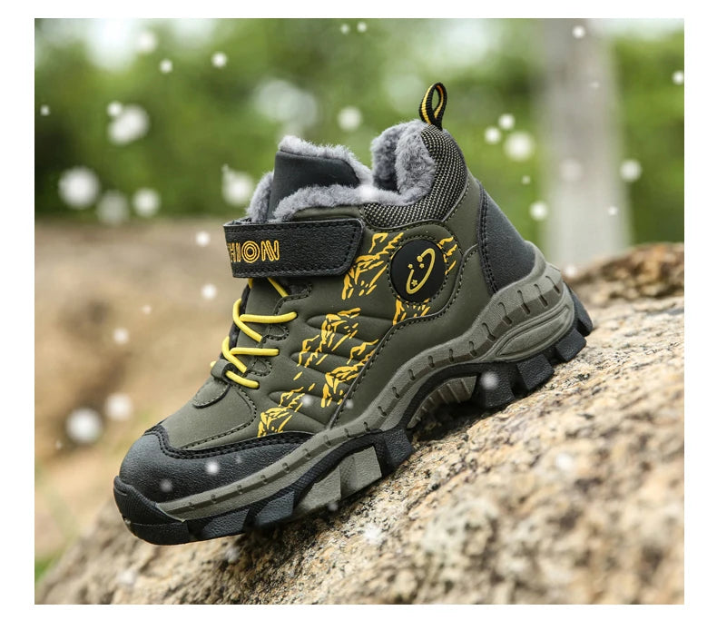 BOELOKTH Stylish Winter Boy Boots-Non-Slip Plush Sneakers for Kids / Cozy Snow & Hiking Shoes for Outdoor Adventures.