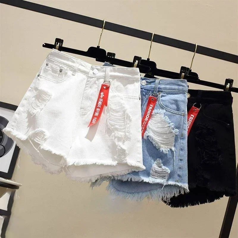 Women Summer High Waist Hole Ripped Denim Jeans Shorts Plus Size Pocket Tassel.