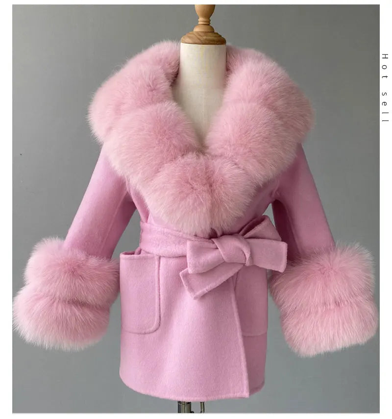 Jxwatcher Girls' Cashmere Wool Winter Coat with Luxurious Real Fox Fur Collar-Mid-Length Fashion Overcoat for Autumn & Casual Wear.