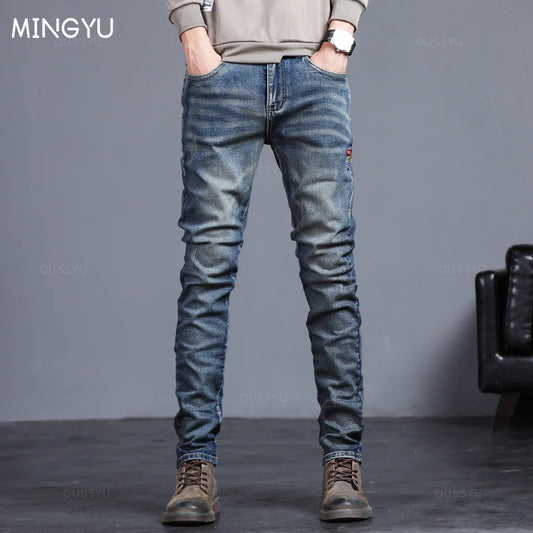 Men's Jeans Vintage Blue Solid Color Elastic Classic Jeans Men Slim Fashion Denim Trousers Male 27-38