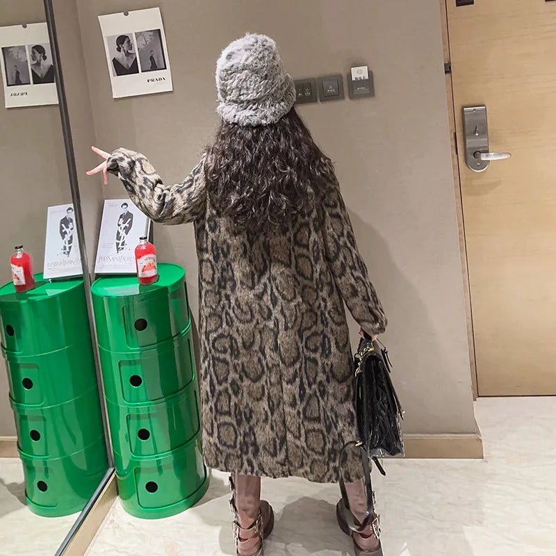 Macamp Teenage Girls' Chic Leopard Print Tweed Coat-Cozy & Stylish Long Outerwear for Autumn/Winter 2023