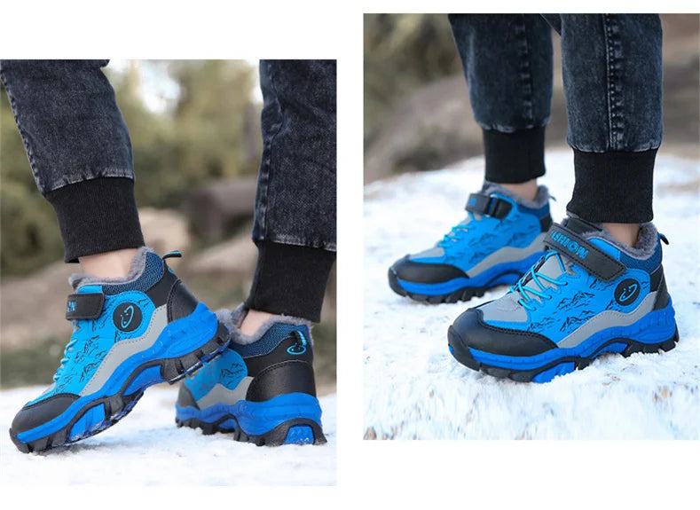 CINESSD Stylish Winter Camp Boys Mountain Climbing Shoes-Durable Hook & Loop Sports Sneakers for Adventurous Kids.