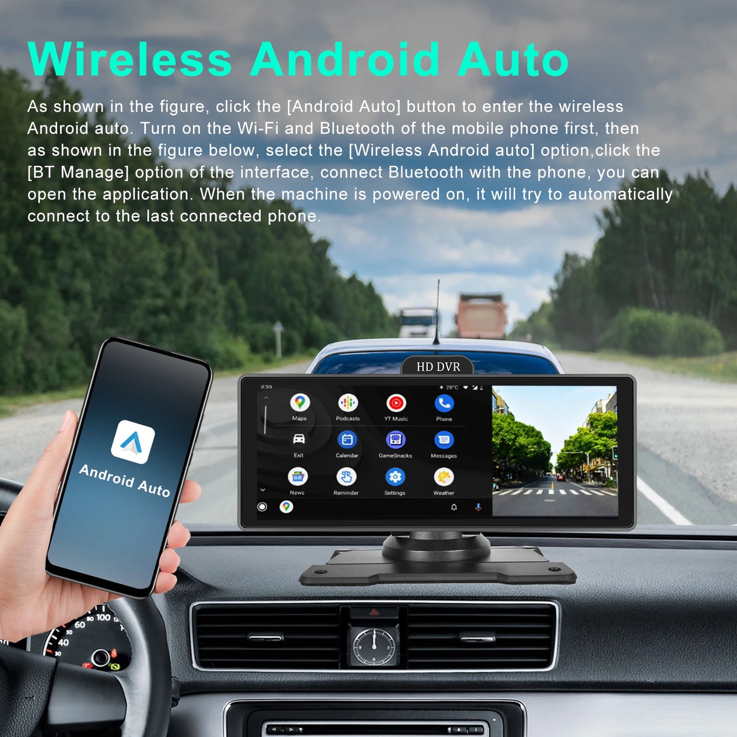 Podofo 10.26" 4K Dash Cam ADAS Wireless Carplay & Android Auto Car DVR Rearview Camera Dashboard Video Recorder GPS Track