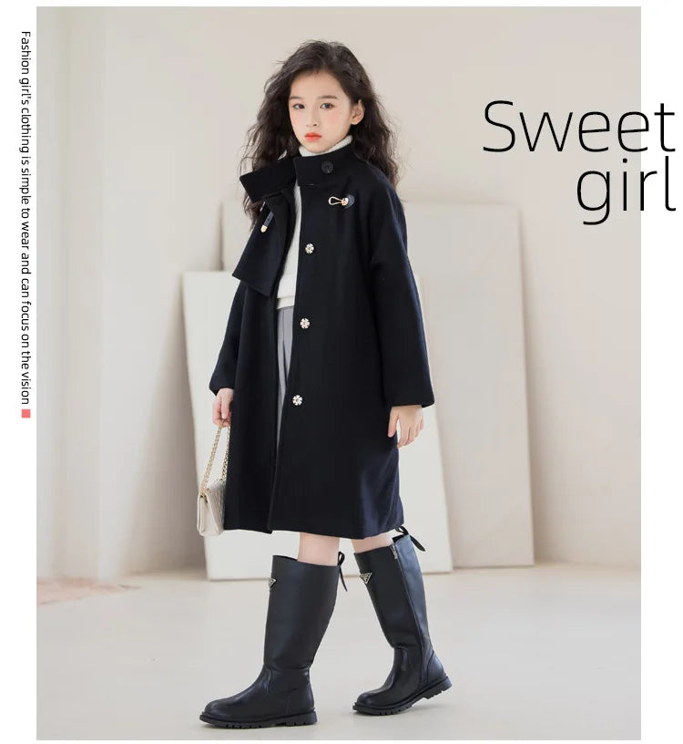 Girls' Elegant Black Mid-length Double-Face Tweed Overcoat-Stylish Winter Wool Outerwear for Ages 10-14.