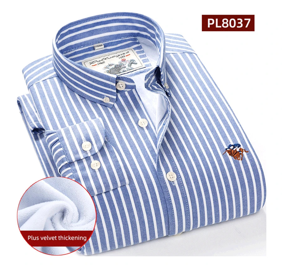 Warm 100% Cotton Men's Shirts Plus Size 8XL Long Sleeve for Office Polo Soft Striped Top with Plush Thickening for Winter