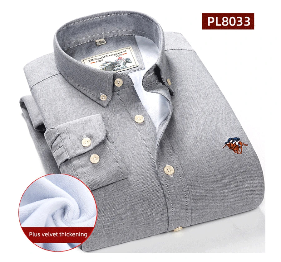 Warm 100% Cotton Men's Shirts Plus Size 8XL Long Sleeve for Office Polo Soft Striped Top with Plush Thickening for Winter