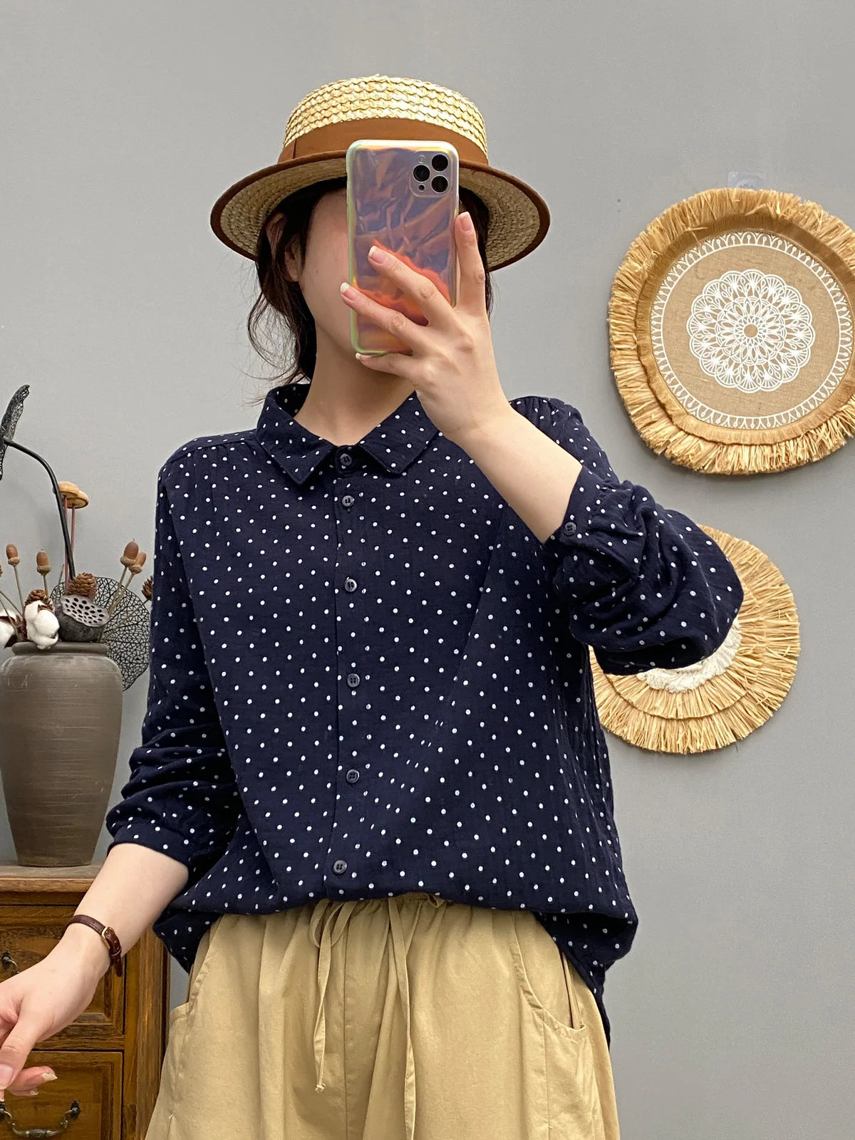 Fashion Polka Dot Blouse Long Sleeve Shirts Women Blusas Cotton Womens Shirt Dots Tops Chemise Femme Manche Longue