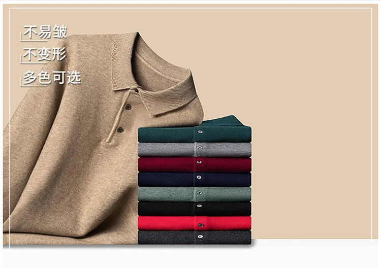 Autumn and Winter New Men's 100 Pure Wool Sweater Lapel Pullover T-shirt Polo Collar Wool Knitted Long Sleeve Fashion Sweater