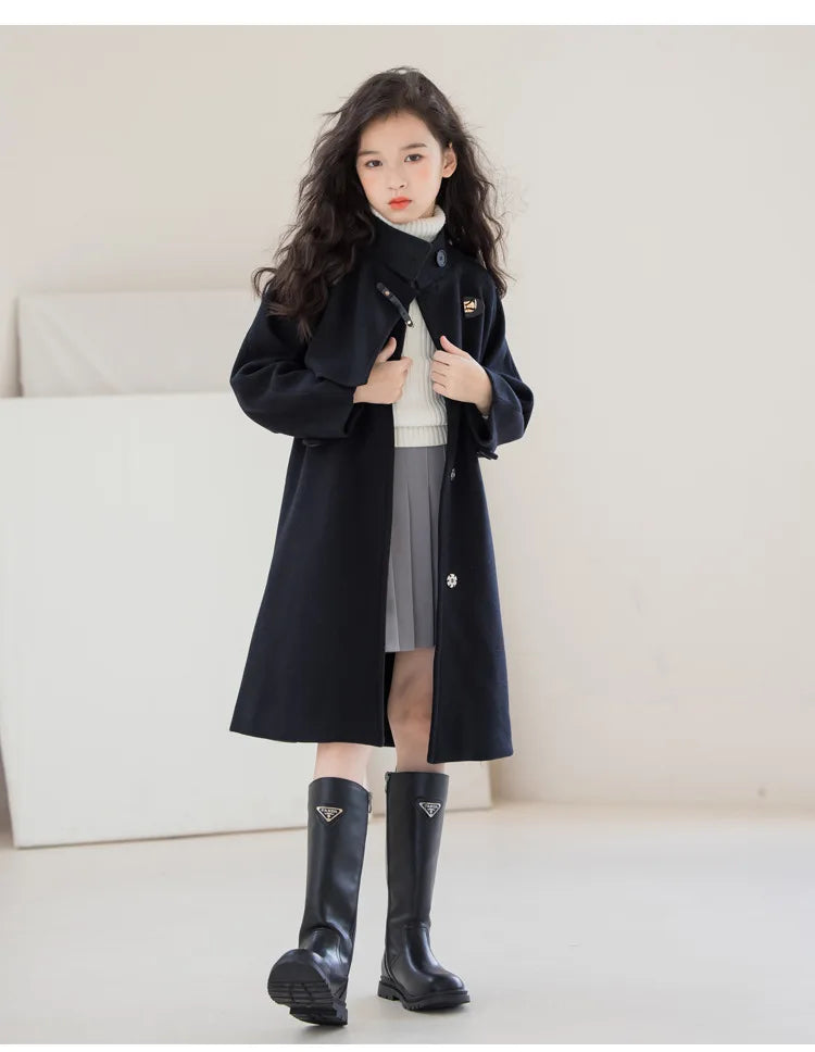 Girls' Elegant Black Mid-length Double-Face Tweed Overcoat-Stylish Winter Wool Outerwear for Ages 10-14.