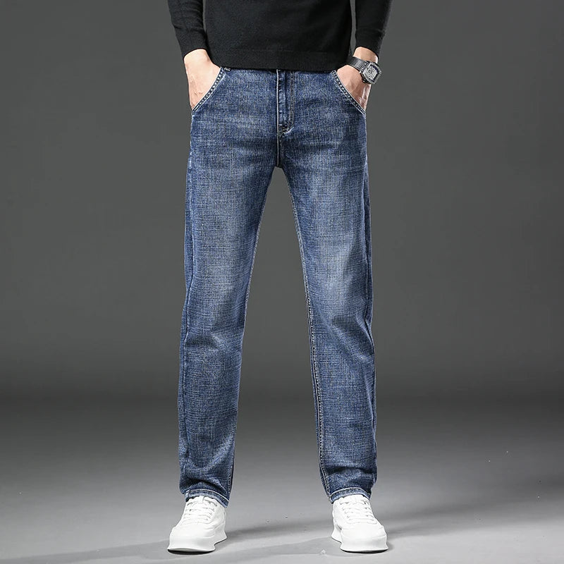 Men's Spring Straight Jeans Baggy Soft Stretch Casual Business Brand.