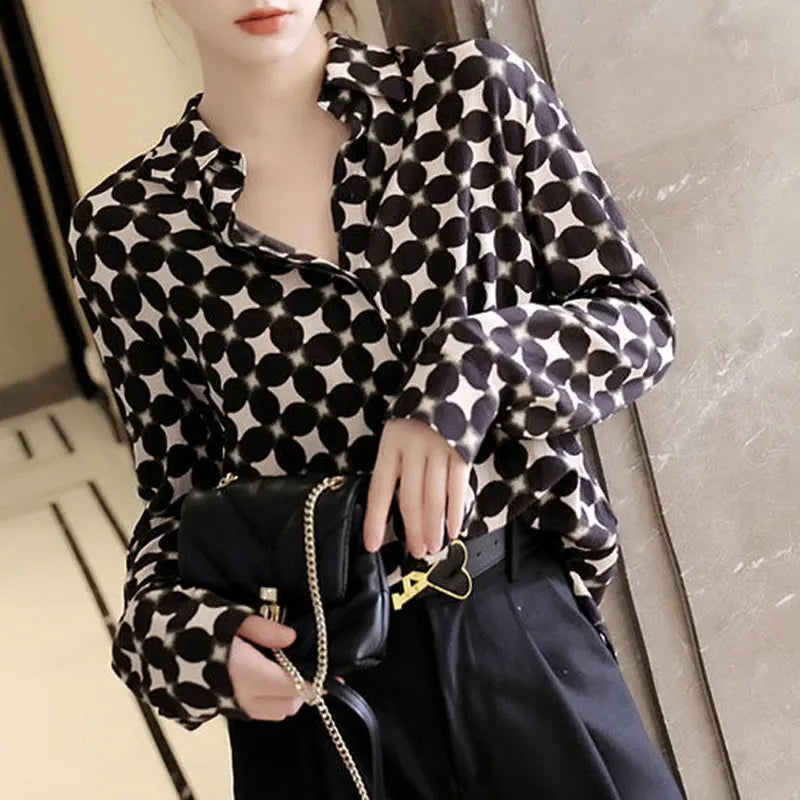 Stylish Spring Autumn Printed Women's Polka Dot Blouse Polo-Neck.