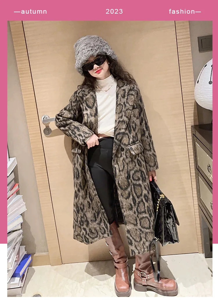 Macamp Teenage Girls' Chic Leopard Print Tweed Coat-Cozy & Stylish Long Outerwear for Autumn/Winter 2023