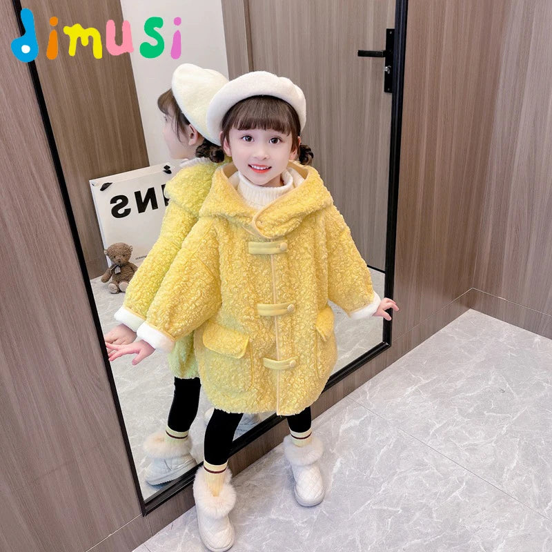 Girls' Thickened Hooded Lamb Wool Winter Coat-Stylish Medium-Length Casual Outerwear for Outdoor Adventure.