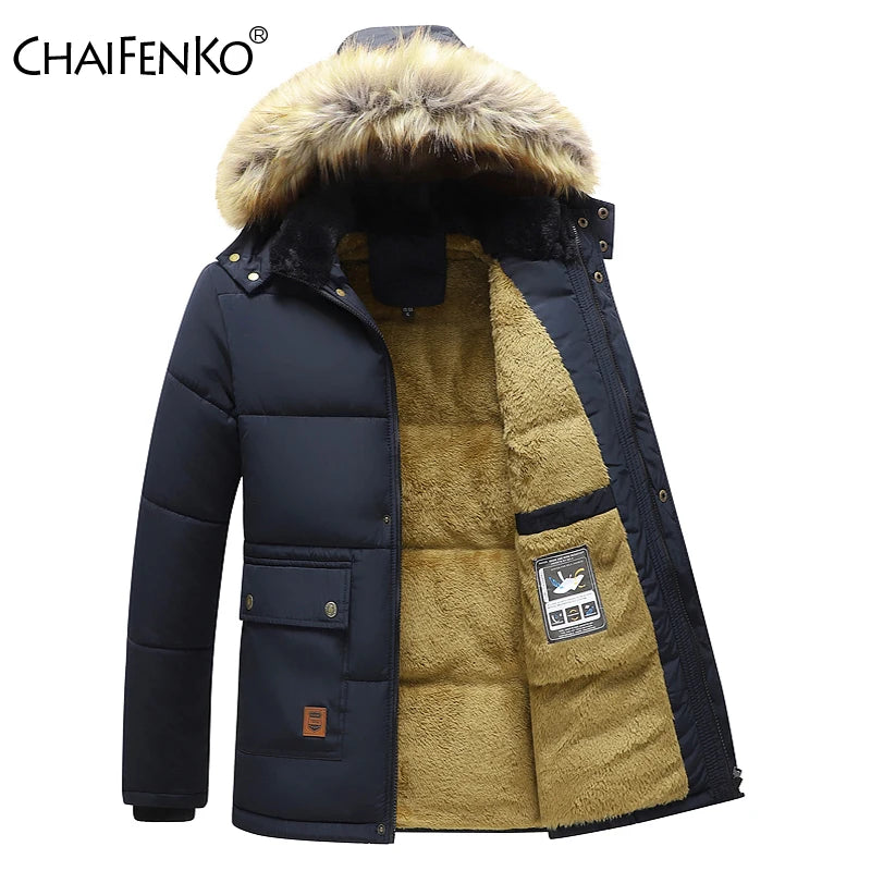 CHAIFENKO Men 2024 Winter New Windproof Fleece Warm Thick Jacket Parkas Coat Men Fashion Hooded Fur Collar Jacket Classic Casual Parka Men