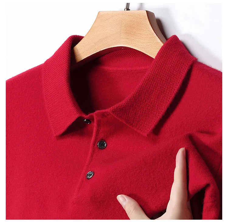 Autumn and Winter New Men's 100 Pure Wool Sweater Lapel Pullover T-shirt Polo Collar Wool Knitted Long Sleeve Fashion Sweater