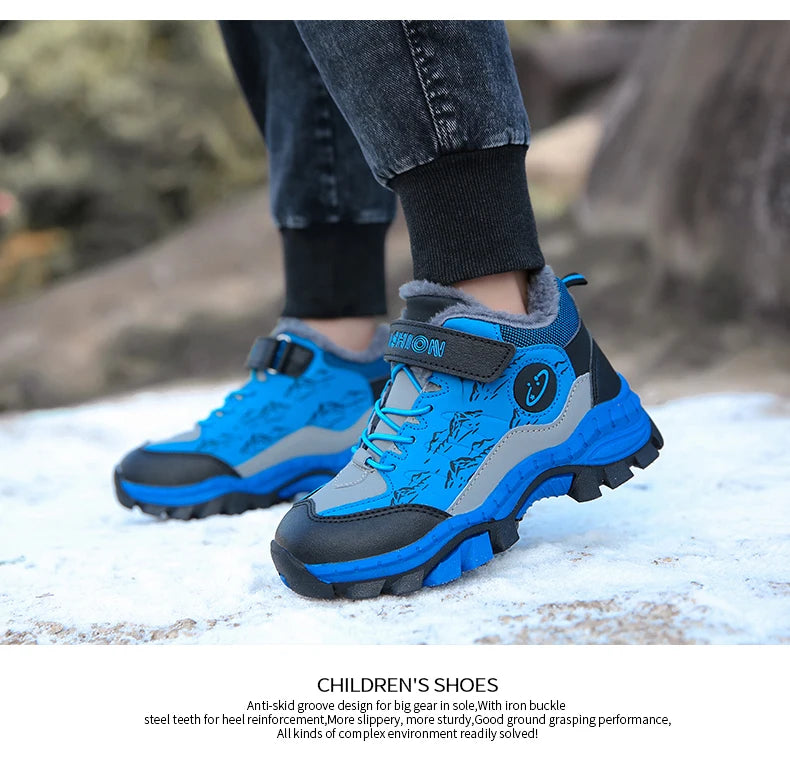 BOELOKTH Stylish Winter Boy Boots-Non-Slip Plush Sneakers for Kids / Cozy Snow & Hiking Shoes for Outdoor Adventures.