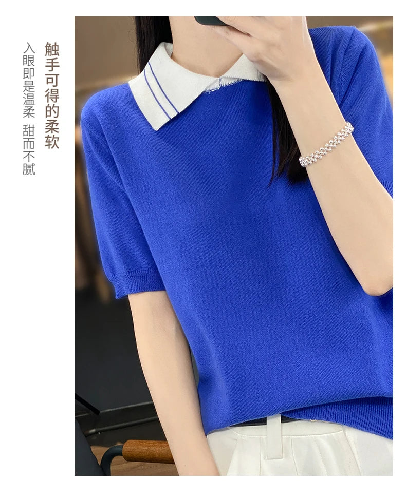 New 100% Pure Cotton Knit Casual Doll collar Pullover Short Women's T-shirt Summer sleeved POLO Neck Loose Fashion Top T-shirt