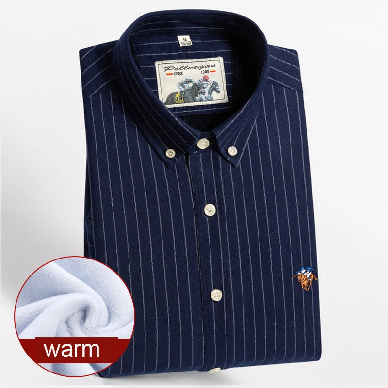 Warm 100% Cotton Men's Shirts Plus Size 8XL Long Sleeve for Office Polo Soft Striped Top with Plush Thickening for Winter