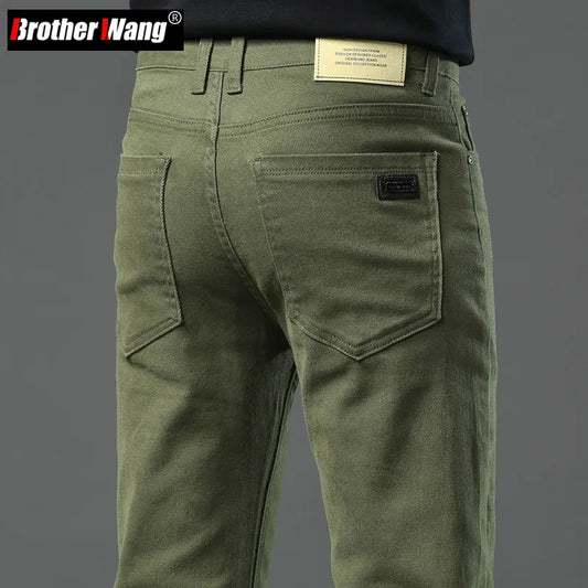 Autumn New Men's Slim Stretch Jeans Fashionable and Versatile Soft Fabric Denim Pants Army Green Coffee Male Brand Trousers