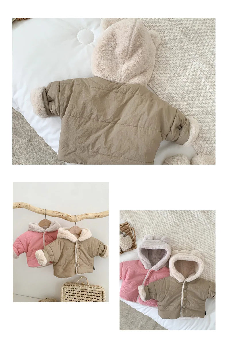 Kids-Baby Girl Winter Clothes Jacket Thick Cartoon Bear Hooded Lamb Collar Infant Child Warm Cotton Coat.