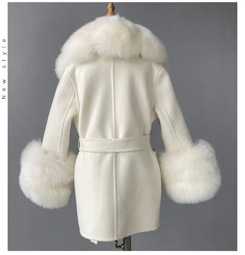 Jxwatcher Girls' Cashmere Wool Winter Coat with Luxurious Real Fox Fur Collar-Mid-Length Fashion Overcoat for Autumn & Casual Wear.