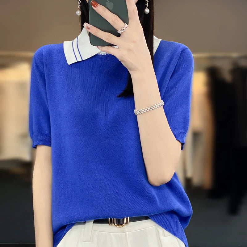 New 100% Pure Cotton Knit Casual Doll collar Pullover Short Women's T-shirt Summer sleeved POLO Neck Loose Fashion Top T-shirt