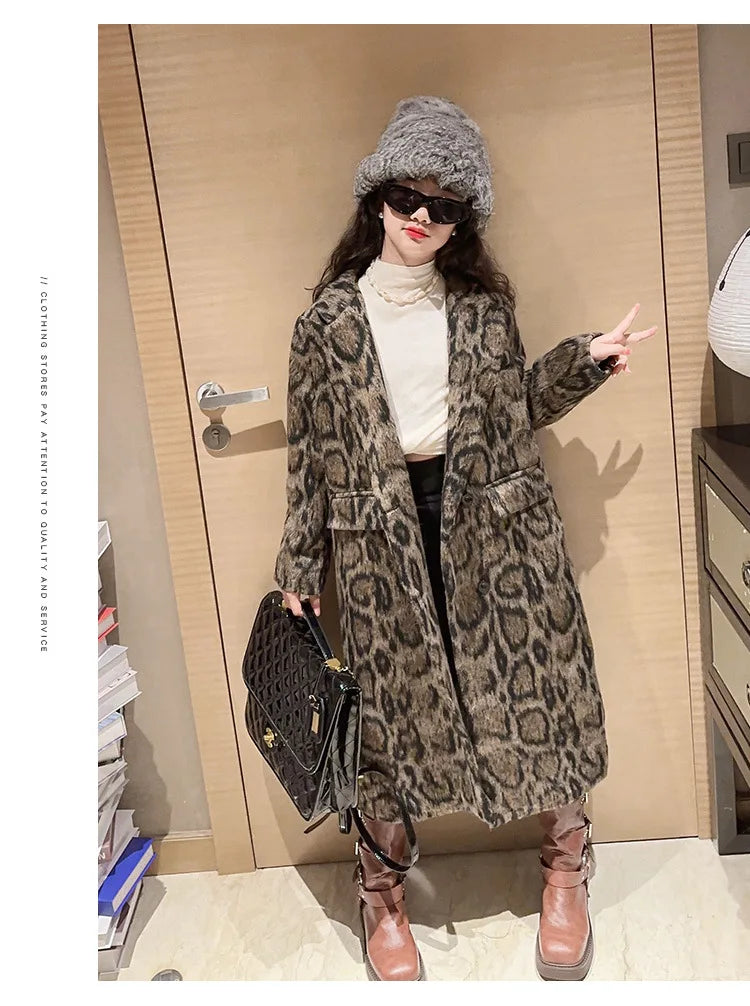 Macamp Teenage Girls' Chic Leopard Print Tweed Coat-Cozy & Stylish Long Outerwear for Autumn/Winter 2023