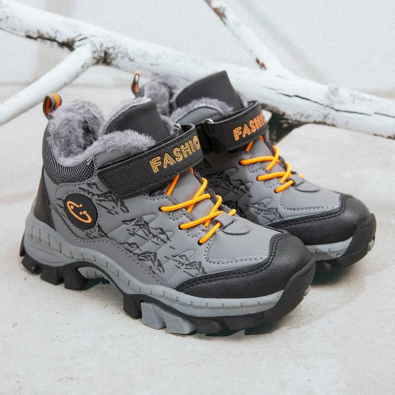 BOELOKTH Stylish Winter Boy Boots-Non-Slip Plush Sneakers for Kids / Cozy Snow & Hiking Shoes for Outdoor Adventures.