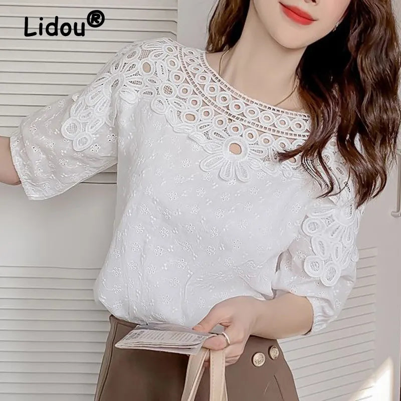 Women's Lace Hollow Embroidery White Elegant O Neck Cotton Blouse for Summer.