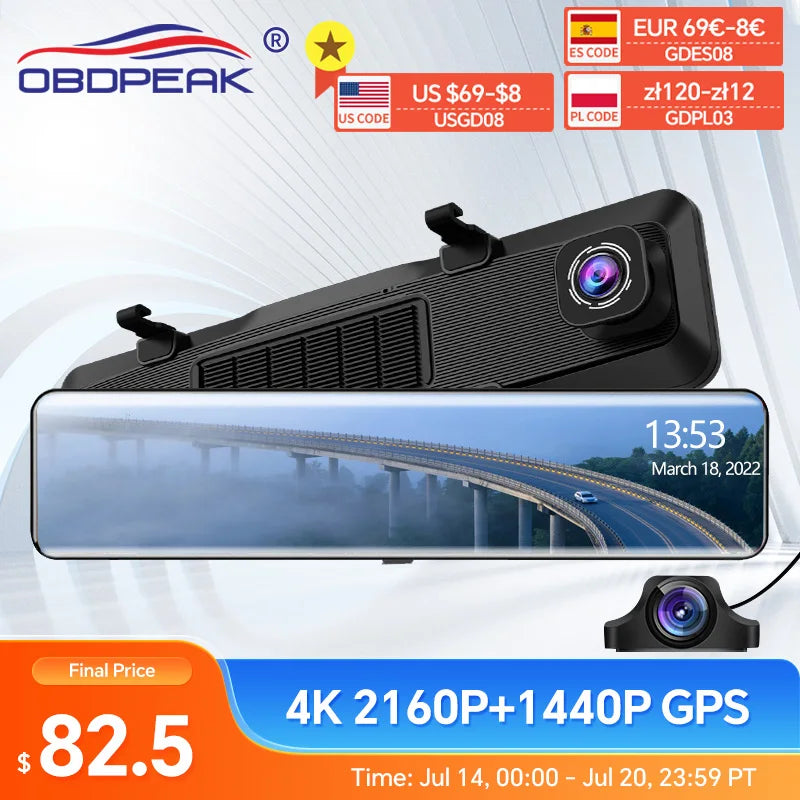 H8 Front 4K 2160P Car Dvr Rear 2K 1440P Camera Rearview Mirror IMX415 WIFI Video Recorder GPS Track Auto Registrar Dash Cam